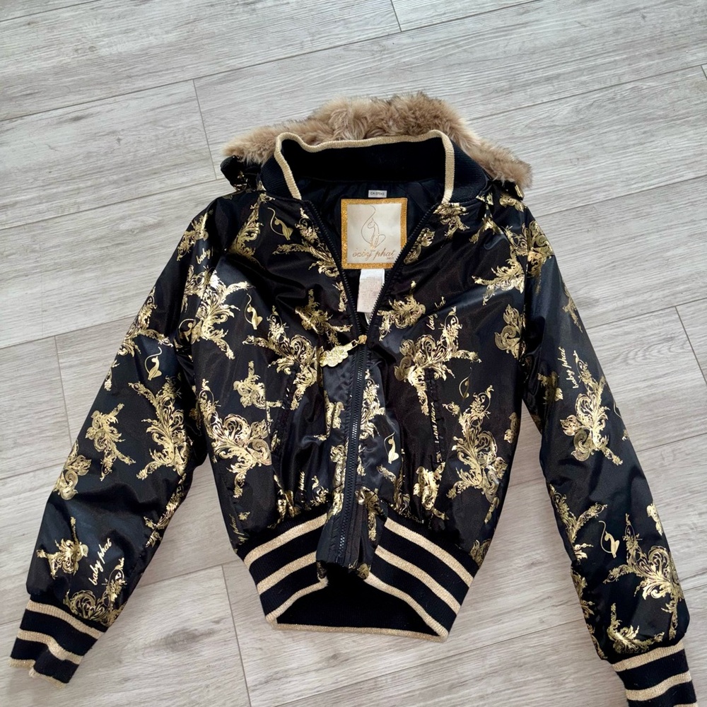 Baby Phat Black Jacket with Gold Baroque Print and Faux Fur Hood